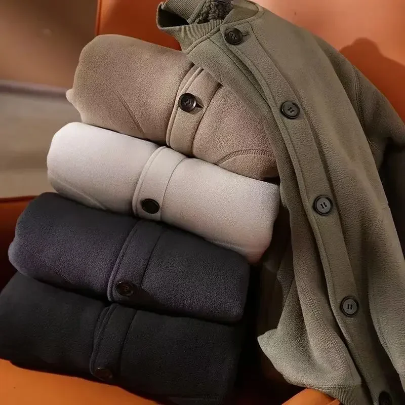 Men's Jacket Autumn Winter Polar Fleece Stitching Double Layer Stand Collar Thickened Single-breasted Solid Color Jackets Tops