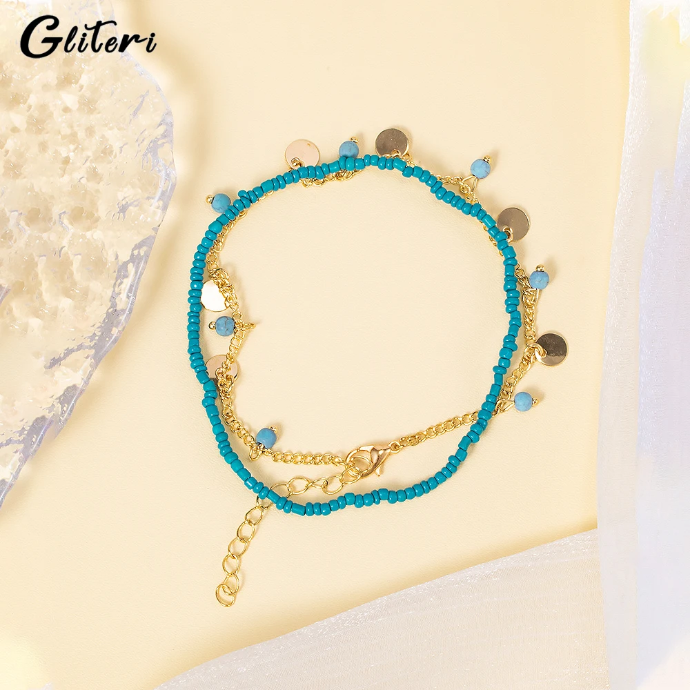 GEITERI Vintage Bohe Turquoise Beaded Anklets For Women Girls Gold Color Double Layer Round Pendant Foot Chain Jewelry Beach New