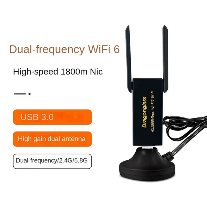 Dragonglass 1Set USB3.0 Wi-Fi6 1800M LAN لاسلكي إيثرنت واي فاي دونغل 1800Mbps2.4G 5.8G ثنائي النطاق LAN لاسلكي أسود-N34R