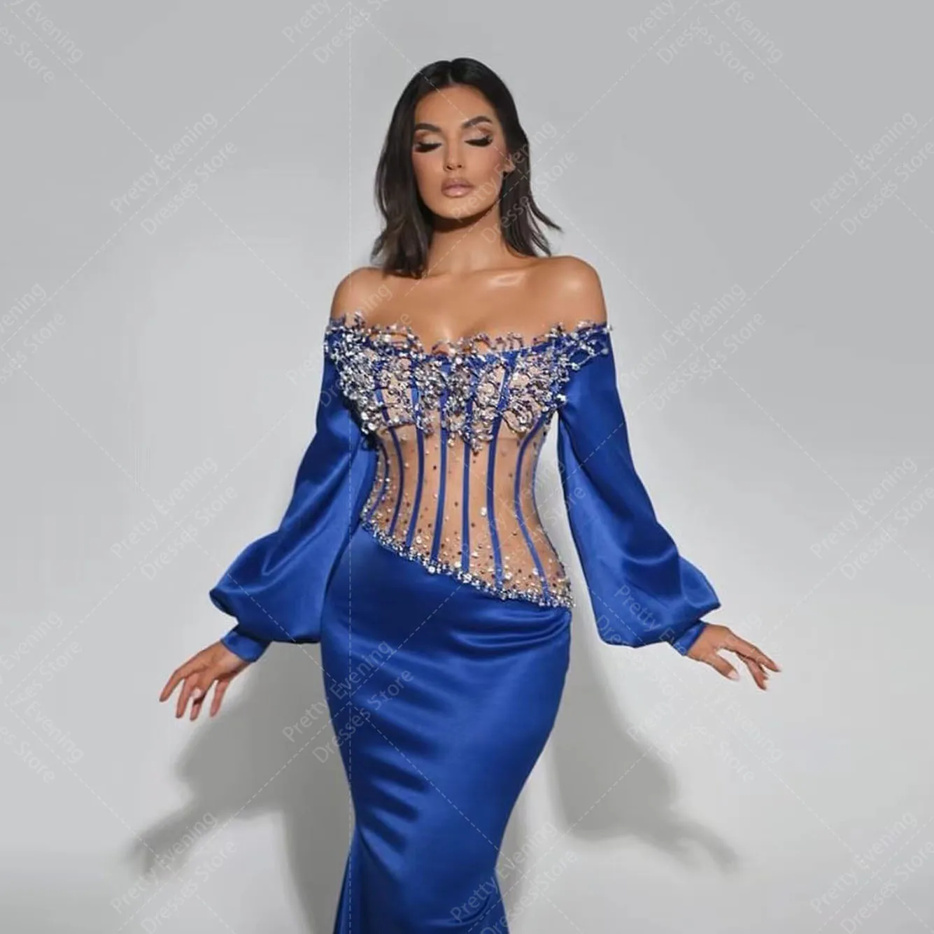 Robe de Soirée de Forme Sirène en Dentelle pour Femme, Tenue Élégante et Sexy, Manches sulf, avec des Appliques, Magnifique, Bleu