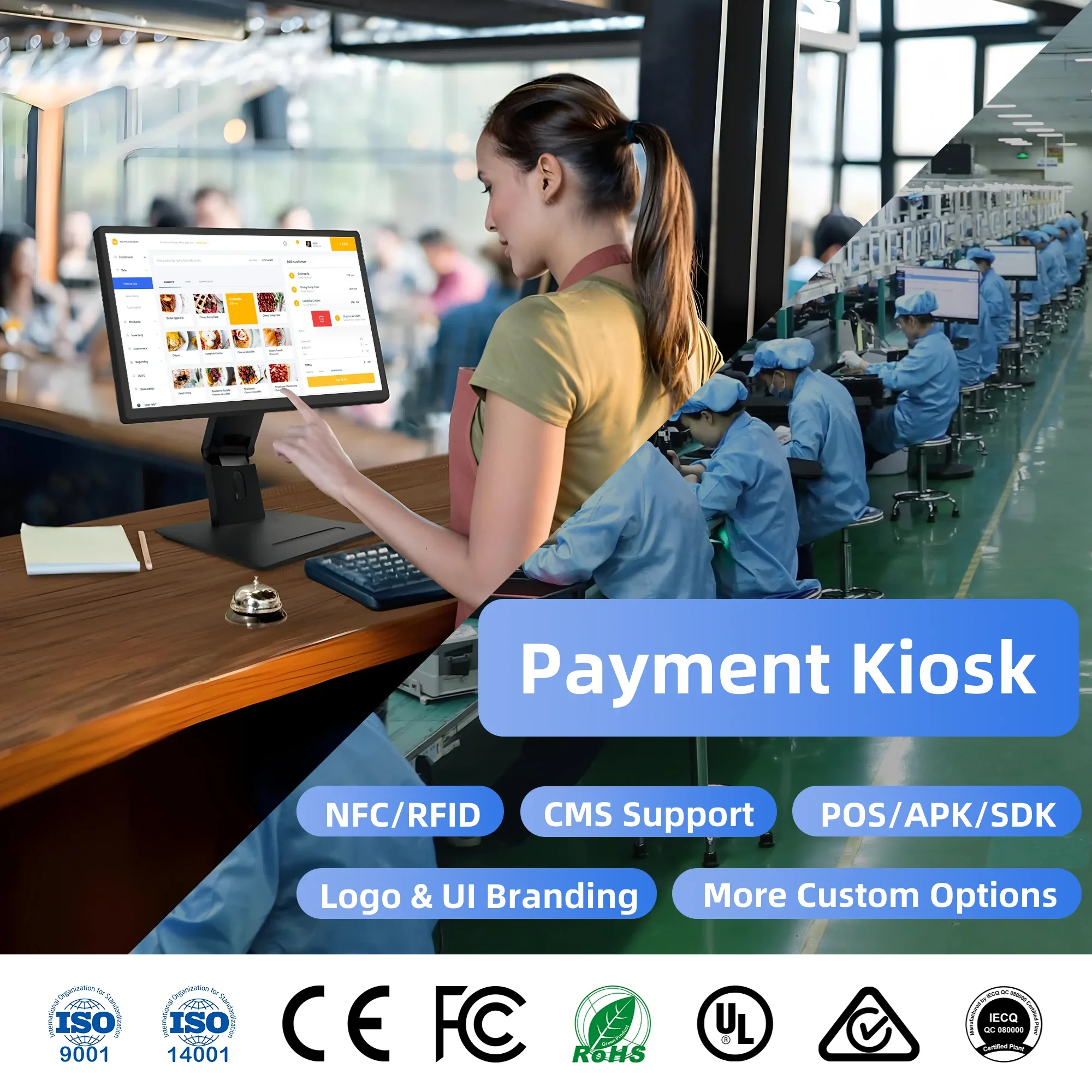 Android 13 Touch Screen Tablet POS System Desktop Restaurant Retail Kiosk with Menu Software