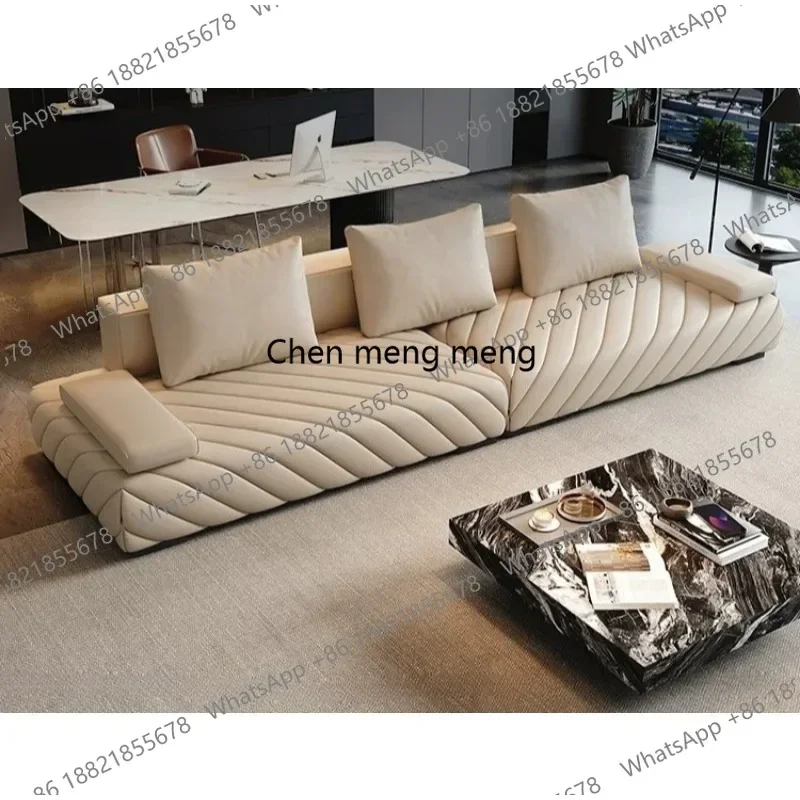 A49High-end light luxury leather sofa living room, straight row Italian minimalism, first layer cowhide