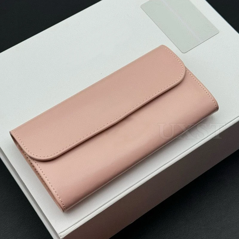 

Large Capacity Leather Long Wallet Women's Pink Cardholder Money Bag Metal Hasp Flap Pocket Purse Solid Color Textured Billfold