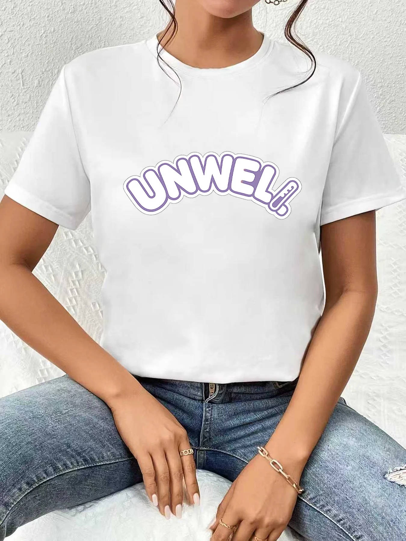 

【WDS0352】Фиолетовая модная футболка с круглым вырезом и принтом в виде букв, больших размеров, для лета, повседневная, с короткими рукавами, универсальный модный топ.