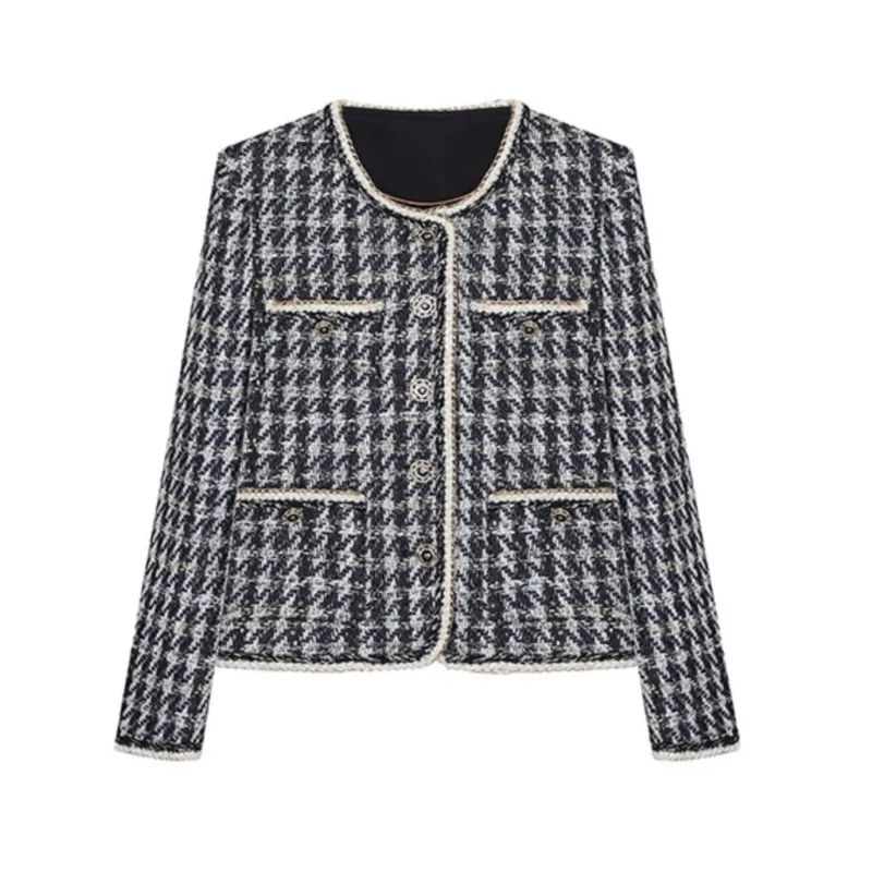 

Blue thousand-bird lattice small fragrance coat spring/autumn women's long-sleeved casual jacket