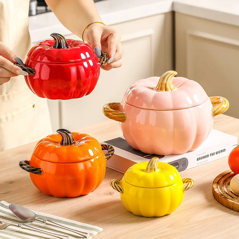

Ceramic Pumpkin Covered Soup Bowl with Handles Large Creative Heatproof Noodle Serving Dish