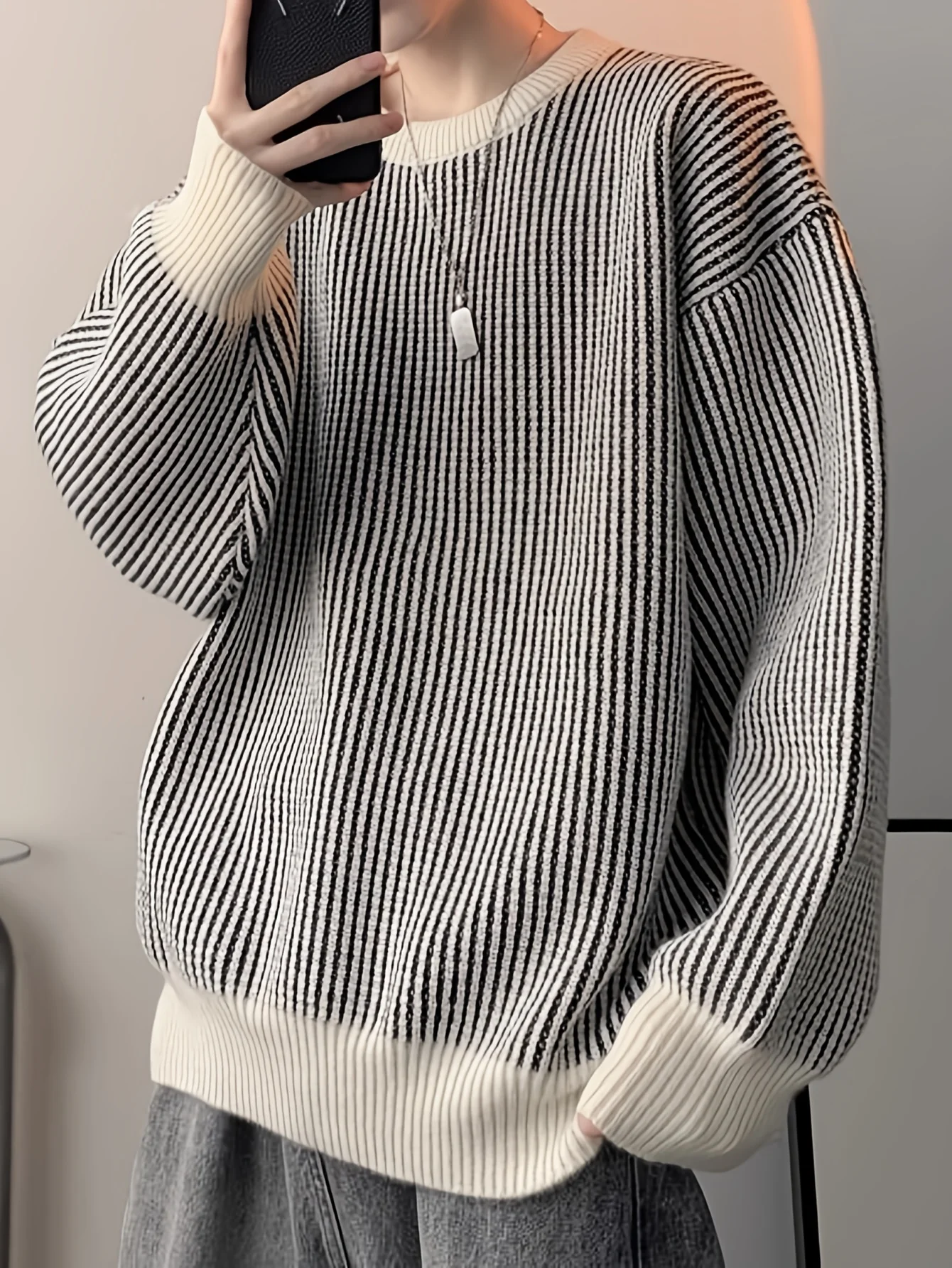 LVLAEA Pullover lavorato a maglia a righe intrecciate autunno inverno, girocollo a maniche lunghe da uomo, top streetwear allentato casual stile pigro