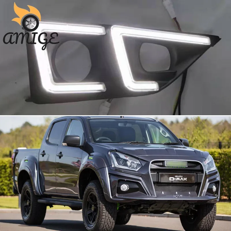 12V LED DRL Daylights For ISUZU D-max DMAX XTR 2020 Yellow Turn Signal Fog Lamp Auto Bulb Headlamps LED Daytime Running Lights