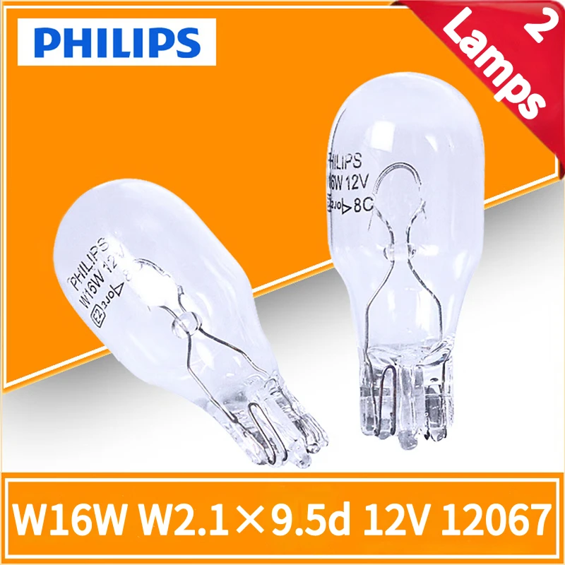 Philips 2 Lámparas 12V W16W W2,1x9,5d Vision Original, Bombilla de Marcha Atrás para Coche, Luz de Freno, Señales Estándar, Luz Trasera 12067CP