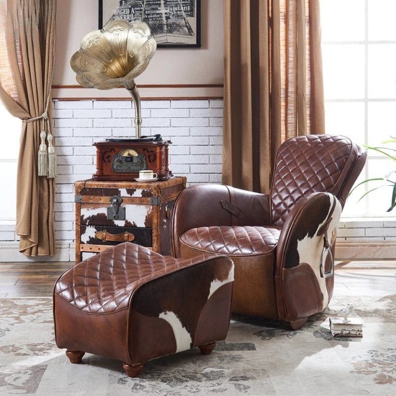 

American furniture full leather sofa saddle chair cow fur first layer cowhide sofa pedal American industrial style