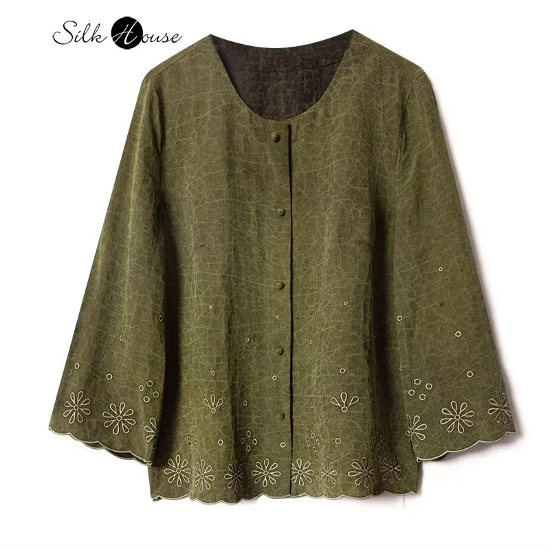 2024 Women's Fashion Autumn New Versatile 100% Natural Mulberry Silk Fragrant Cloud Yarn Round Neck Hidden Button Small Shirt