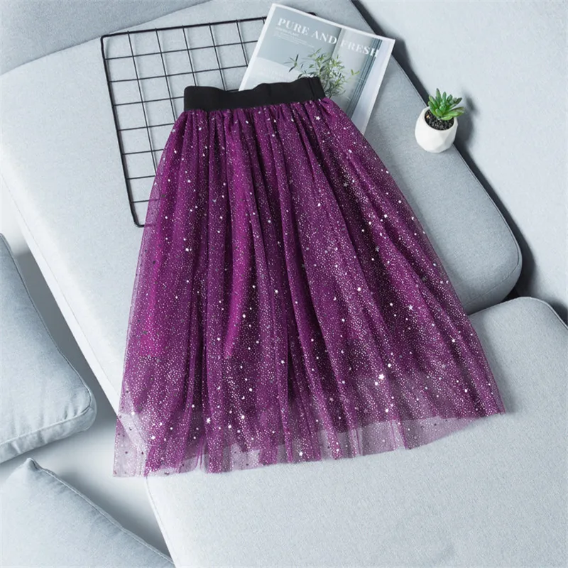 Girls Skirt Spring/Summer Fashion Kids Starry Sky Sequins Long Skirt Purple/Navy For Children 4 6 8 10 12 14 Year Wear