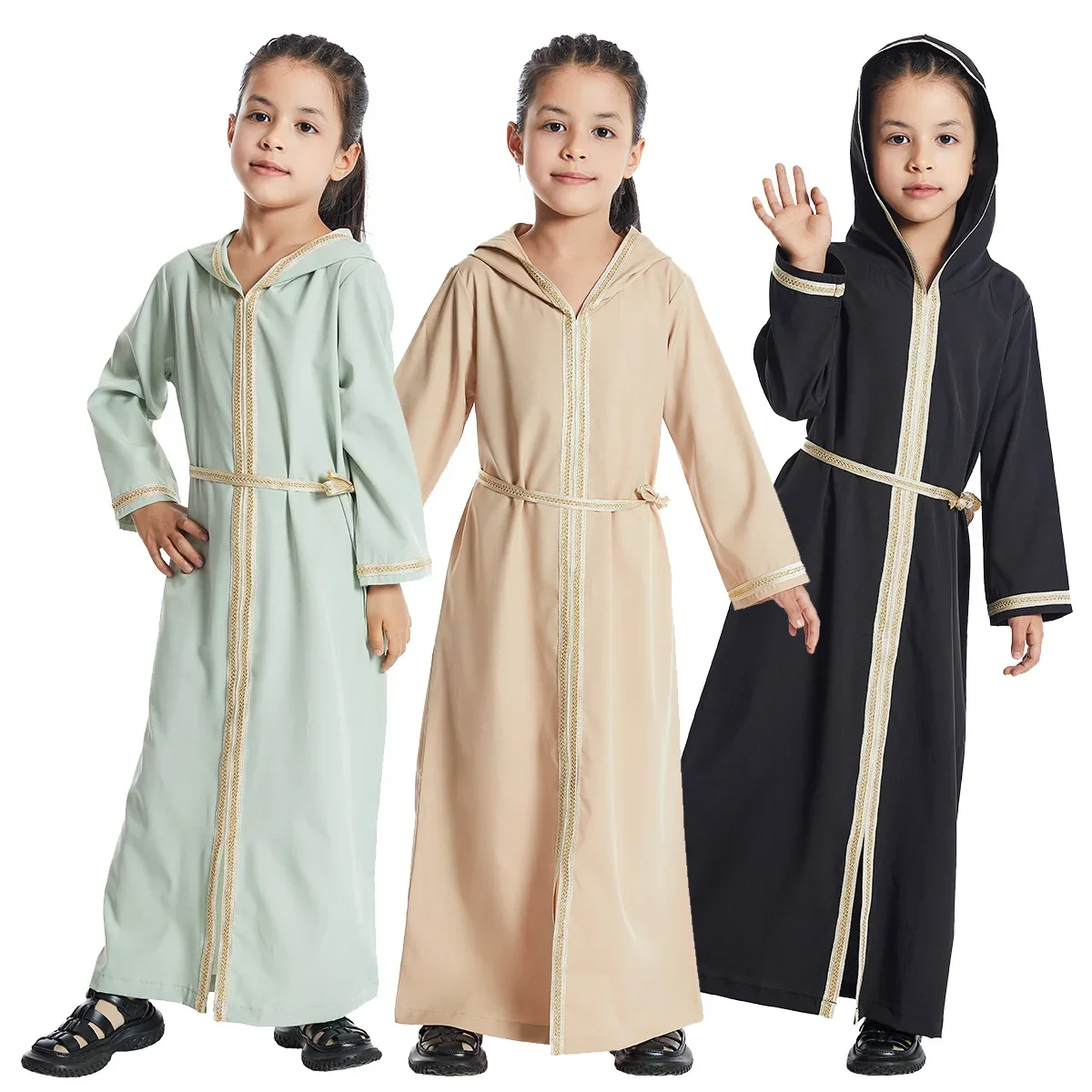 Ragazze Con Cappuccio Aperto Abaya Primavera Estate Nero Djellaba Casual Abito Con Cappuccio Musulmano Bambini Islamico Ramadan Arabo Kimono Caftano Abiti