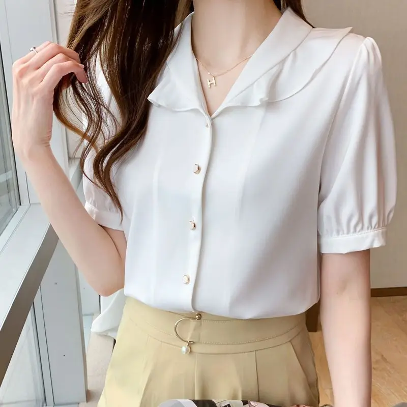 

Summer Ice Silk Five-Point SVE White irt for Women Cleanfit Sle Lantern Sve Polypropylene Thin Five-Quarter Sve Blouse