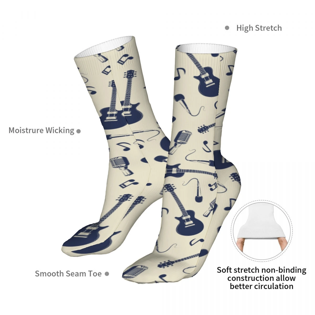 3D Guitar Pattern Basketball Socks para homens e mulheres, Crew Socks, Cool Fashion Design, Confortável