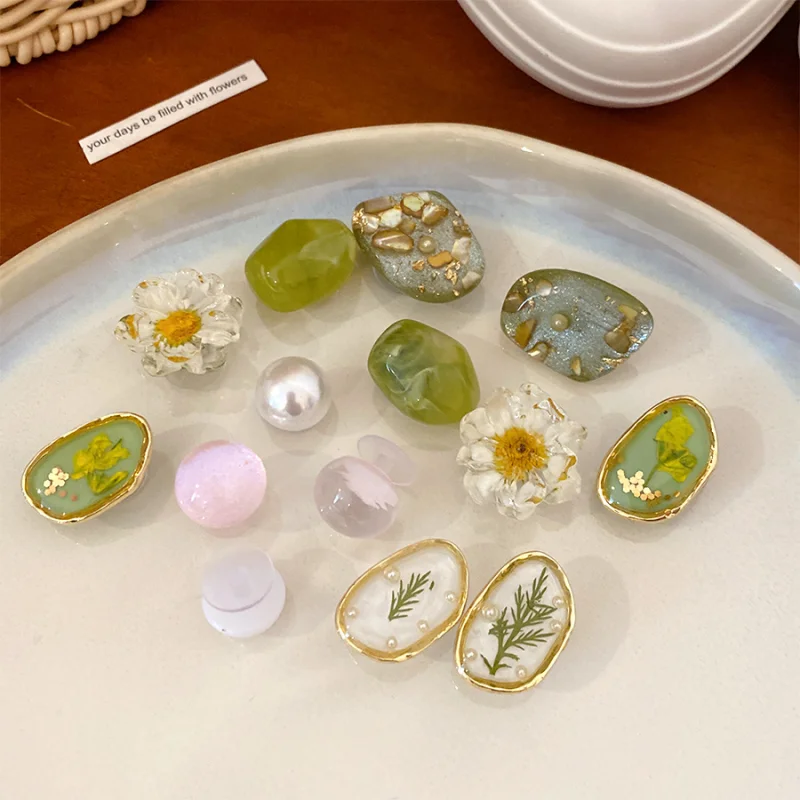 14 Pcs/set Transparent Resin Daisy Leaf Flower Croc Shoe Charms Detachable Round Imitation Pearl Hole Shoe Buckle DIY Decor K