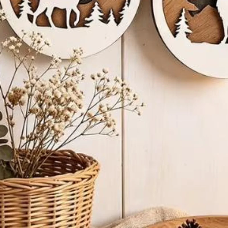 Rustic Wildlife Wood Cutout Hanging Decor Layered Hollow Mountain Bear Wolf Elk Bauble Winter Holiday Tree Decoration