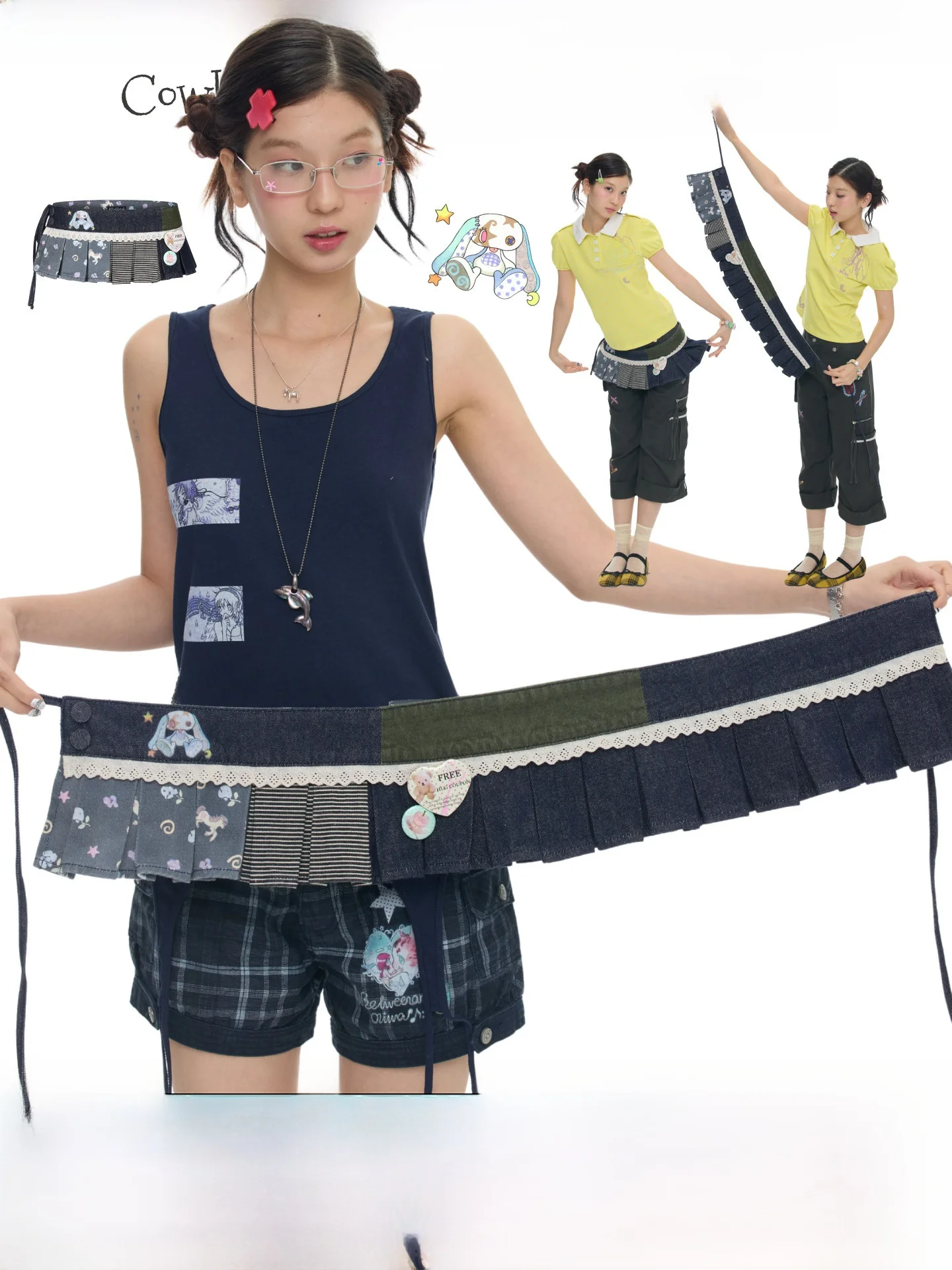 BENANDx Oli Frog Retro Blue Denim Striped Skirt Women High Waist Layering Sensation Overlap Wearing Casual Style Printed Poly...