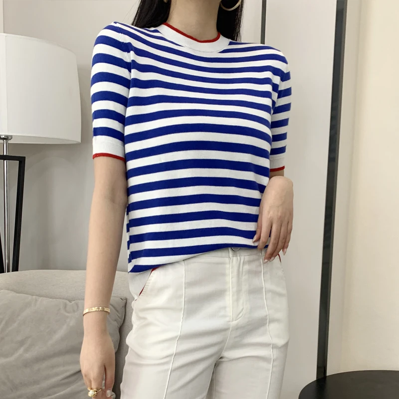 Frühling/Sommer Neues Rundhals-T-Shirt aus 100% Baumwolle mit Farbblock-Design, Lässiger Pullover mit Streifenmuster und Kurzen Ärmeln für Damen