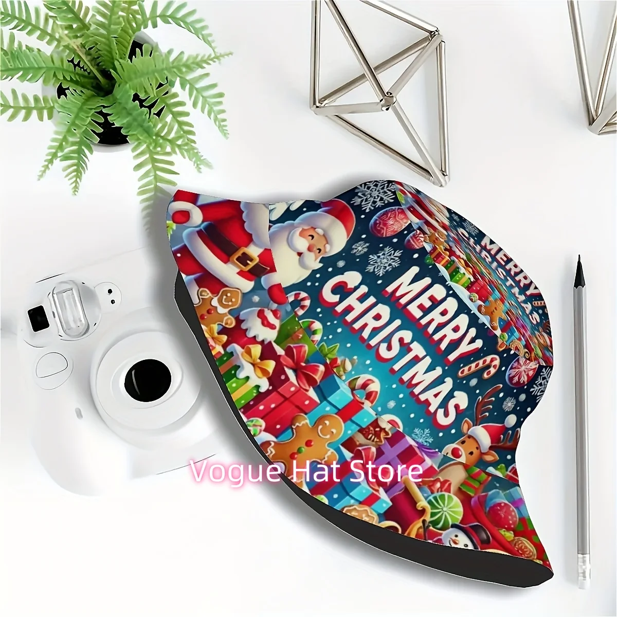 A Unisex Fisherman Hat Featuring Christmas Designs, Including Santa Claus, Candy Canes, And a Gingerbread Man. This Stylish Buck