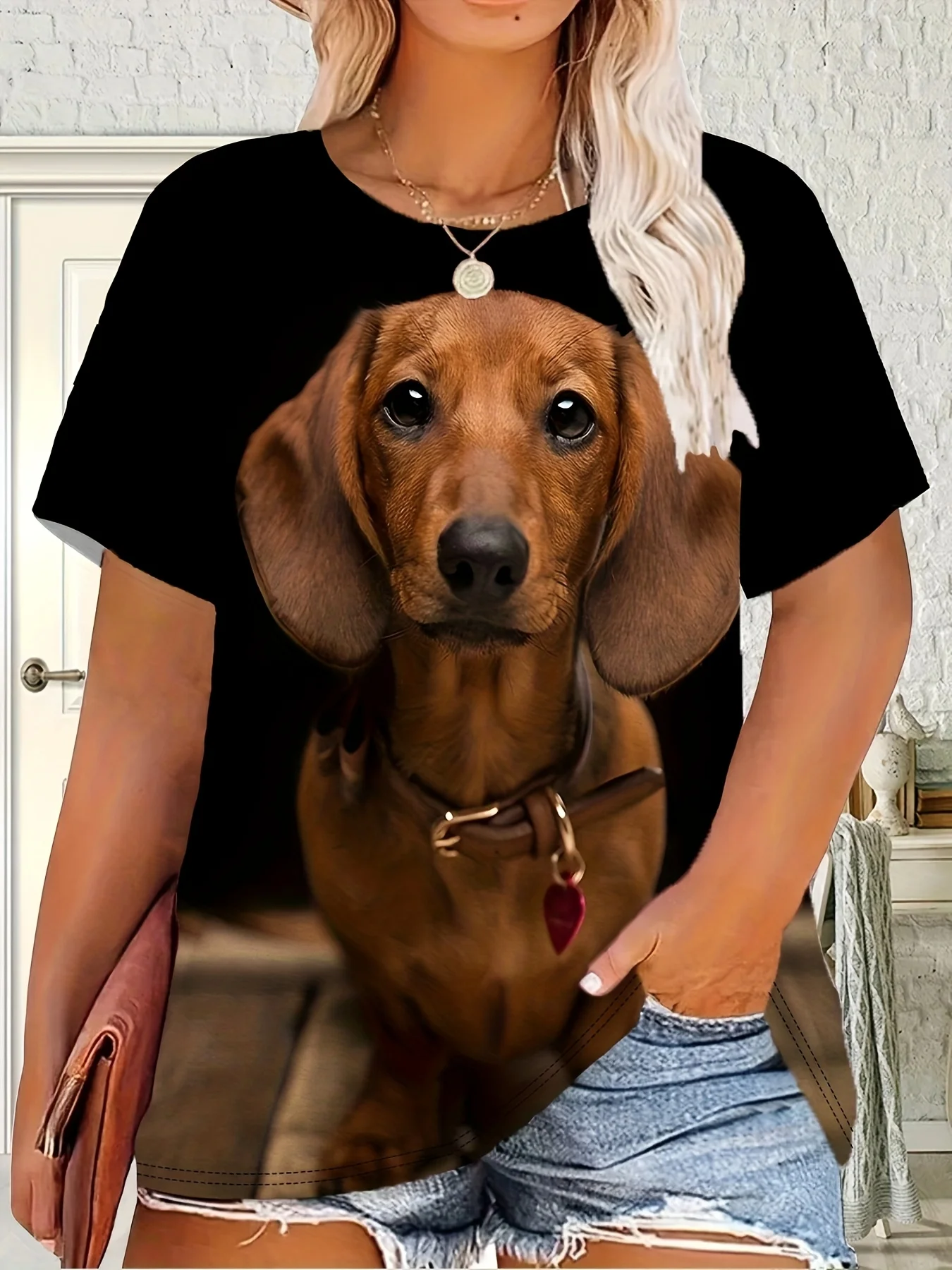 Women Cute Dachshund Dog Realistic Print T‑Shirt O‑Neck Short Sleeve Casual Tops