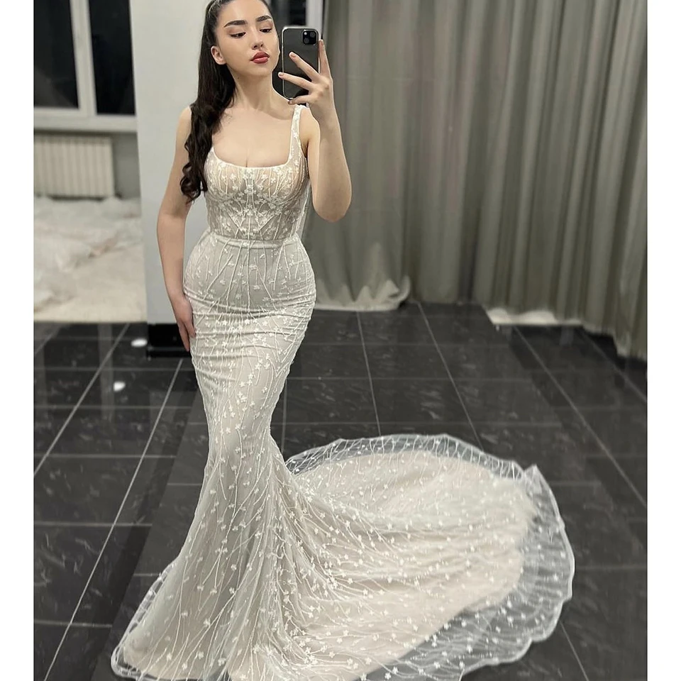 Luxury Square Collar Spaghetti Straps Appliques Wedding Dress 2024 Mermaid Floor Length Detachable Sweep Train Bridal Gown