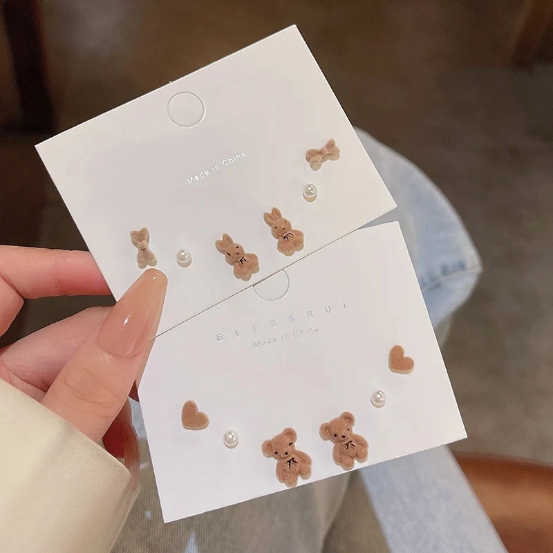 Cute Brown Flocked Bear Rabbit Earrings Set Funny Plush Small Stud Earrings Animal Earring for Women Girls Jewelry Gifts