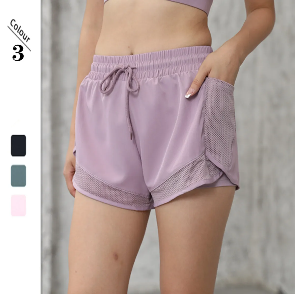 

Summer Drawstring Shorts Loose Fake Two-piece Pocket Sports Pants Anti-exposure Sports Fitness Quick-drying Shorts for Women