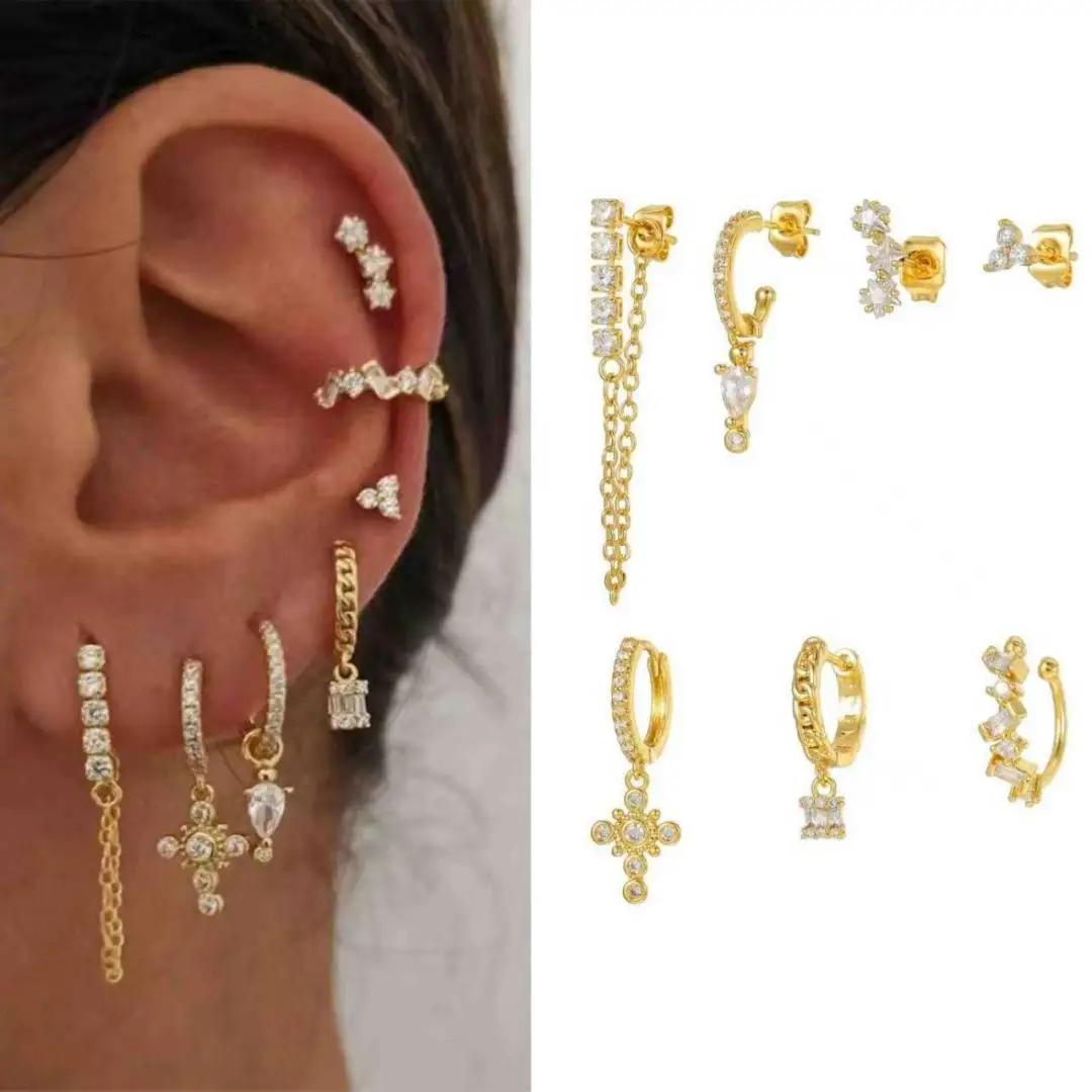 Fashion Women Earring Set Gold Silver Color Zircon Long Piercing Stackable Huggie Hoops Earrings Cross Charm Party Jewelry Gift