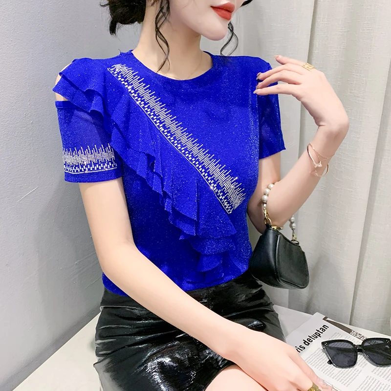 

2023 Summer European Clothes Mesh T-Shirt Chic Sexy Ruffles Shiny Diamonds Women's Tops Short Sleeve Casual Hot Drill Tees 32154