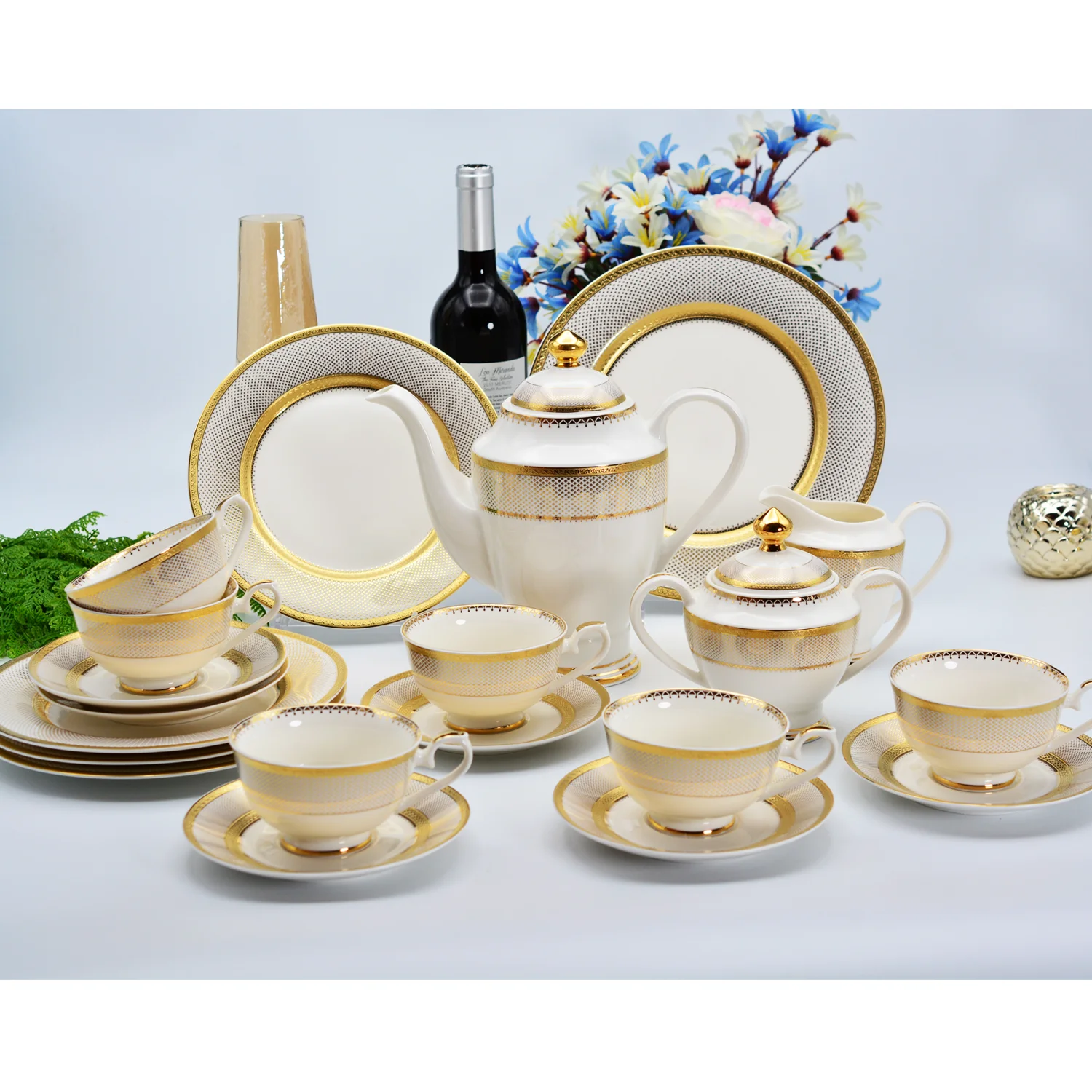 24pcs Bone china gold rim wedding elegant luxury plate dish set coffee tea cup restaurant sets