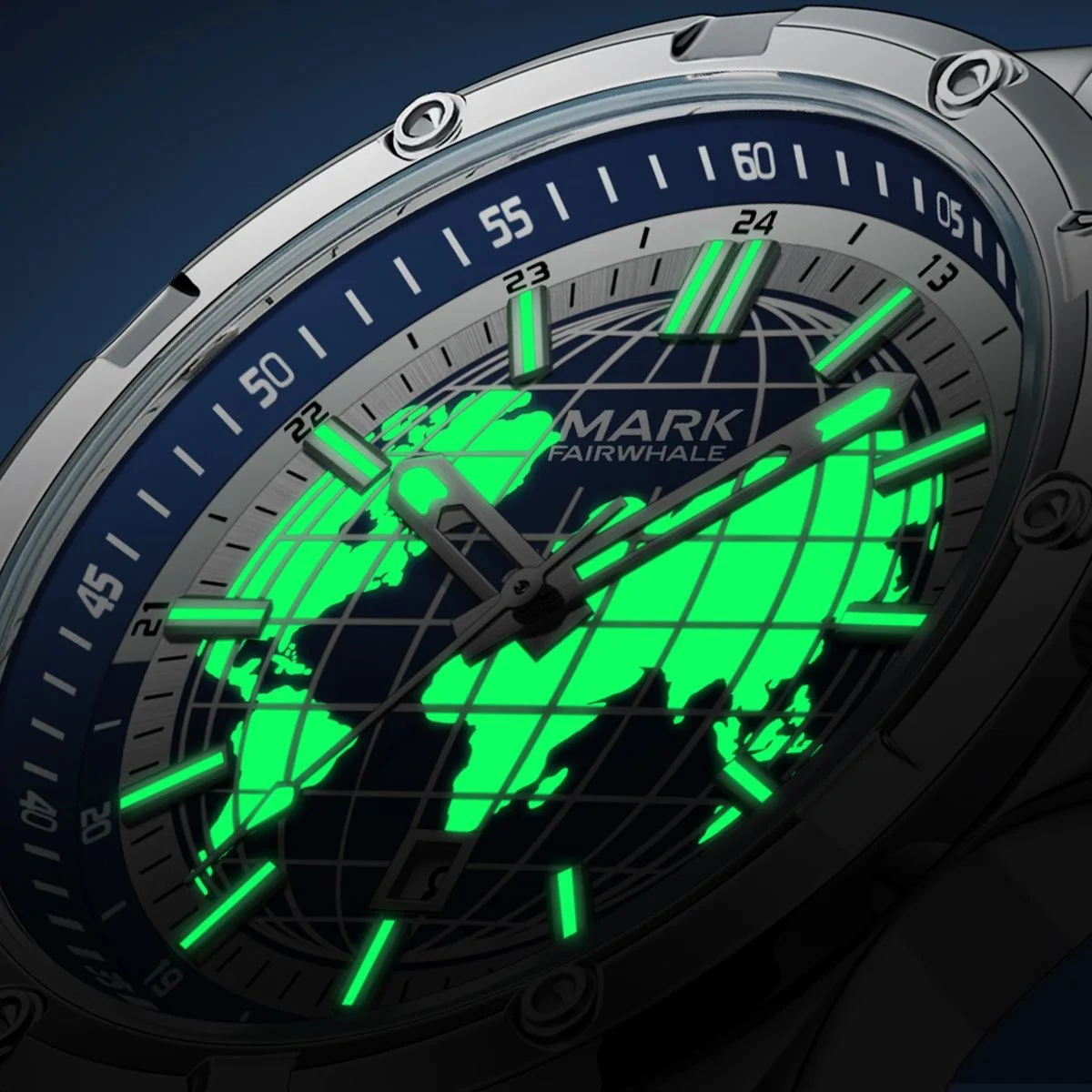 MARK FAIRWHALE 5130 Trendy Earth Watch Stainless Steel Luminous Calendar Quartz Watch for Men Waterproof Mens Watch Reloj Hombre