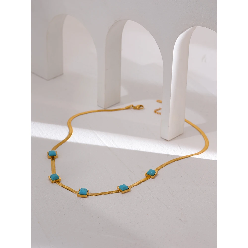 Yhpup Blue Artificial Turquoise Snake Chain Necklace Stainless Steel Golden Collar Jewelry for Women бижутерия для женщин Gift