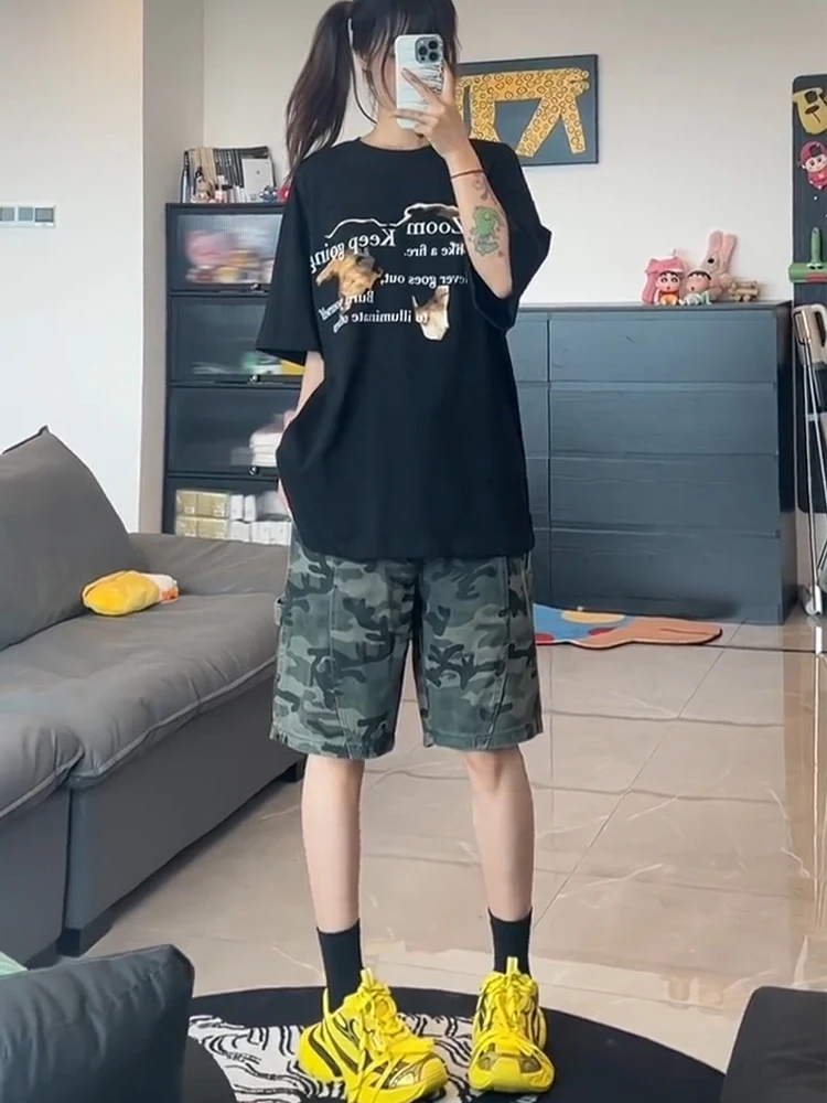 

American High Street Camouflage Shorts Men's Summer Washed Vintage Trendy Loose Straight Workwear Five-Quarter Mid-Pants