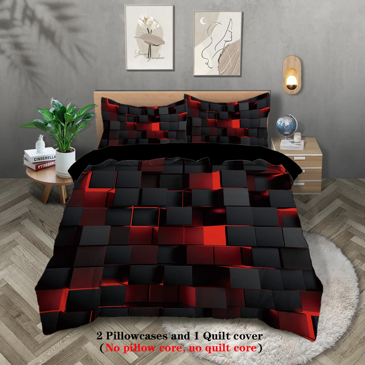 3pcs Red Transparent Grid visual Effects Bedding Set Suitable For Teenagers And Adult Bedroom 1*Duvet Cover+2*Pillowcase