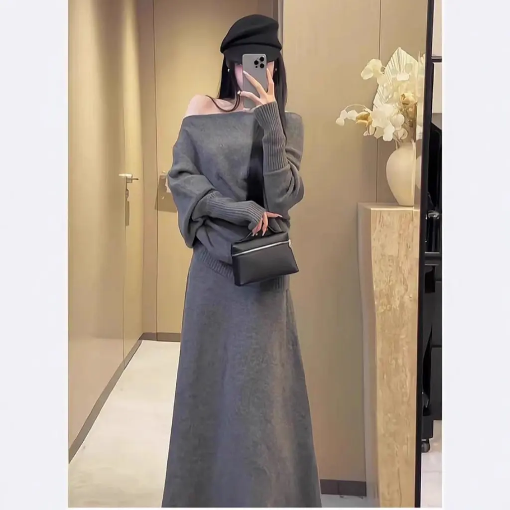 

Женский эластичный повседневный свободный свитер с юбкой, однотонный вязаный комплект из двух предметов с косым вырезом на осень-зиму