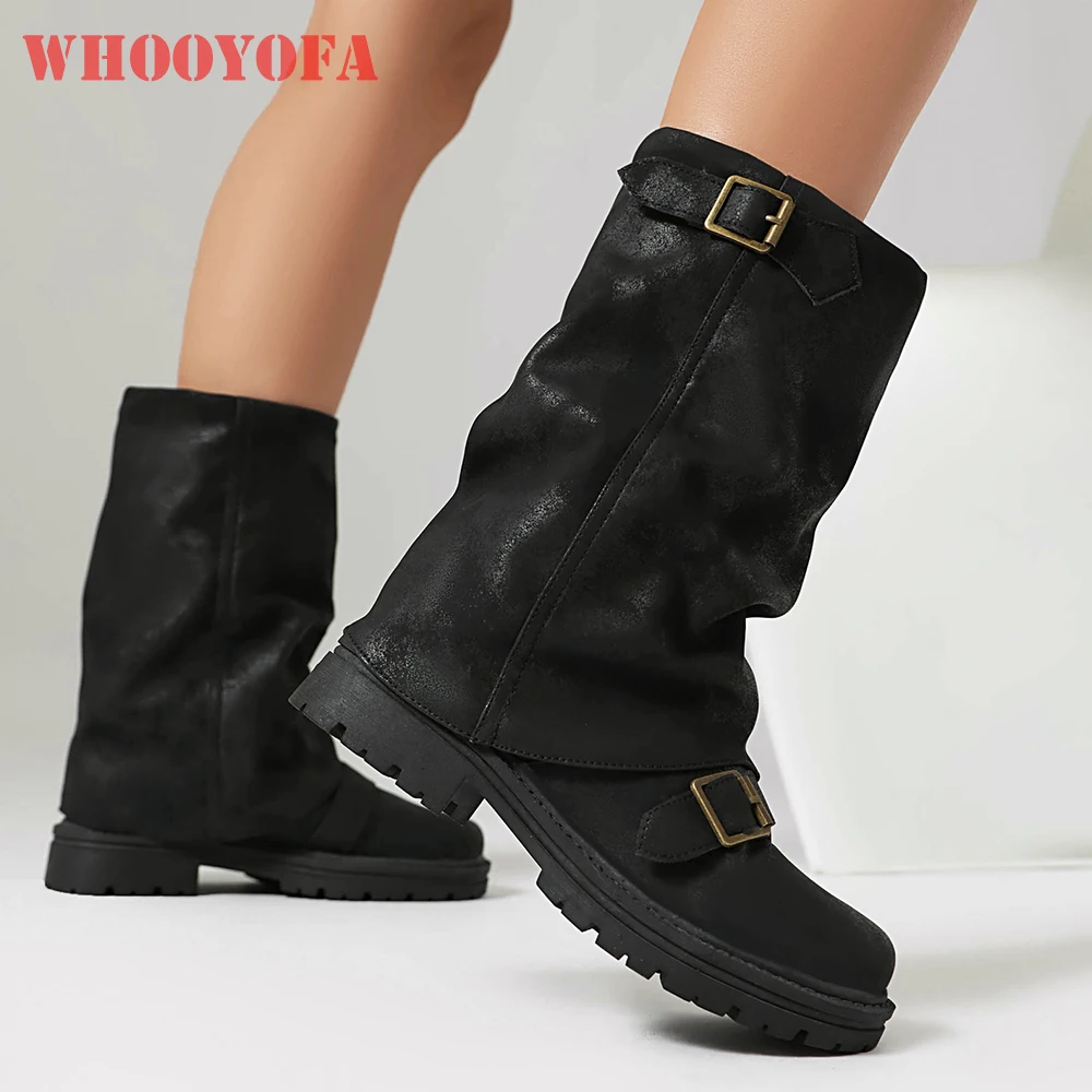 2026 Winter Fashion Women Mid Calf Platform Boots Round Toe Med Block Heels Wide Fit Lady Slouch Shoes Large Size 10 44 48