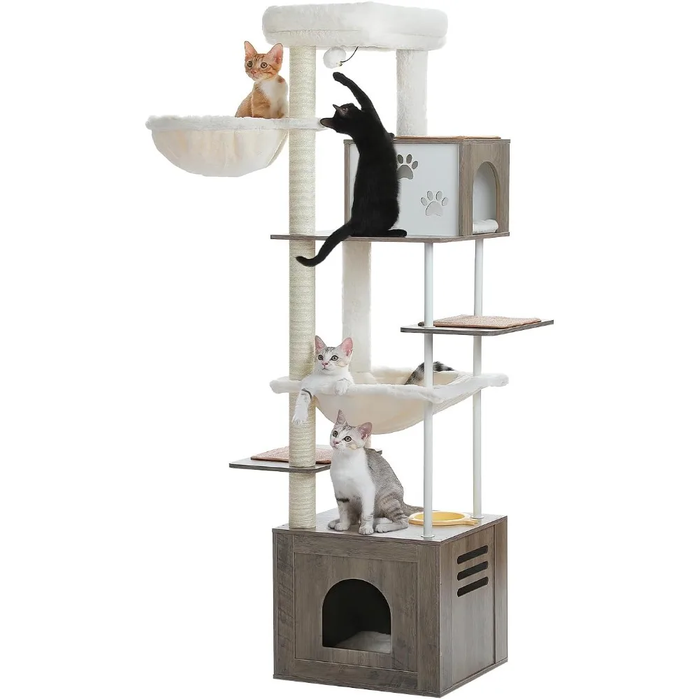 

Road Large Cat Tree with Food Station, 74.8 Inches Wooden Tall Cat Tower with Extra Large Condos and Hammocks,Spacious Perch