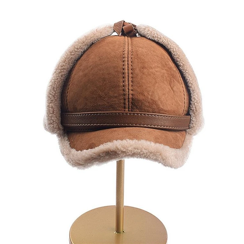 Berretto invernale Unisex con visiera in lana per uomo e donna cappelli con paraorecchie in velluto Casquette in vera pelle di pecora IL00688