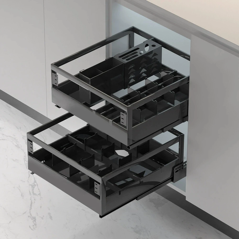 -oo Wide-edge Nano-black Double-layer Seasoning Basket Pull-out Drawer Type Cabinet Storage Rack for Dishes and Bowls