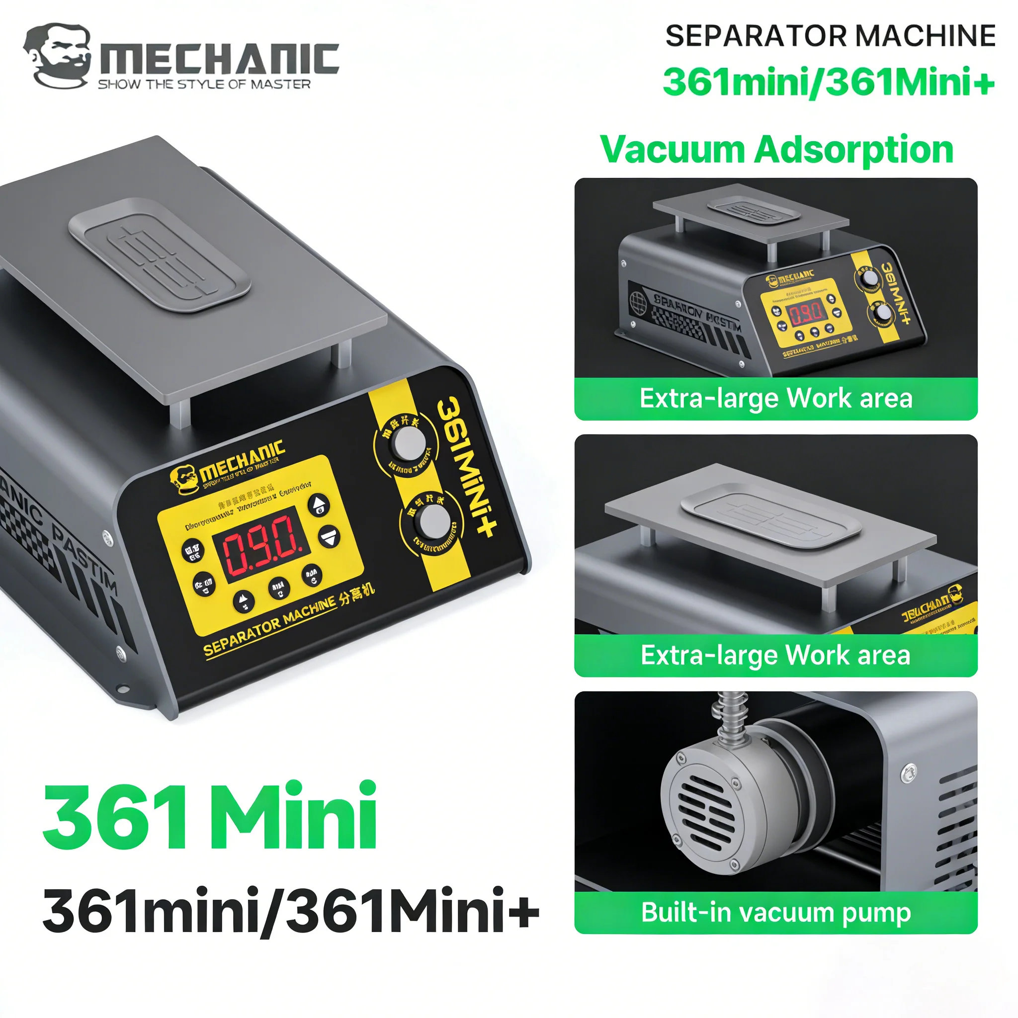 

Машина для разделения экранов MECHANIC 361Mini/361Mini+ 200 Вт с вакуумной адсорбцией, инструмент для ремонта задних стекол телефонов с 4-ступенчатым контролем температуры