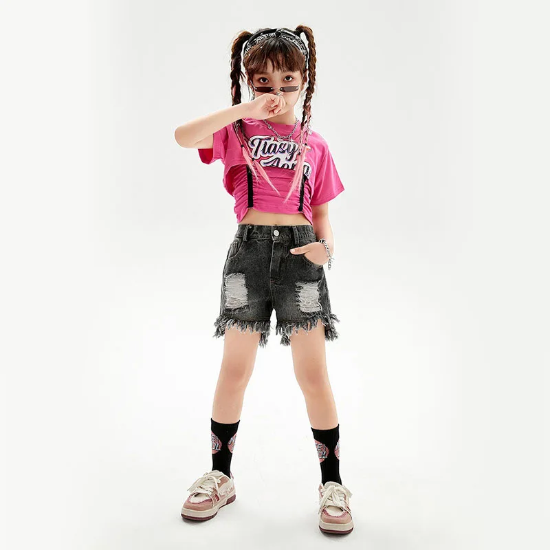 Kid Hip Hop Clothing Rose Ruched Crop Top T Shirt Black Summer Ripped Distressed Denim Shorts for Girl Dance Costume Clothes