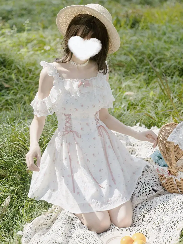 فستان ياباني حلو مكشوف الكتفين مزين بالزهور فستان نسائي موضة جديدة Kawaii Harajuku لوليتا فساتين جمالية جميلة ملابس خرافية