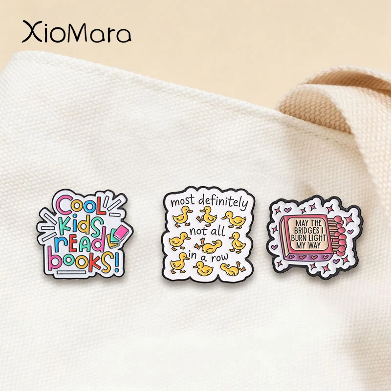 Yellow Duck Reading Book Enamel Pins MAY THE BRIDGES I BURN LIGHT MY WAY Brooches Fashion Lapel Badge Backpack Clothes Jewelry