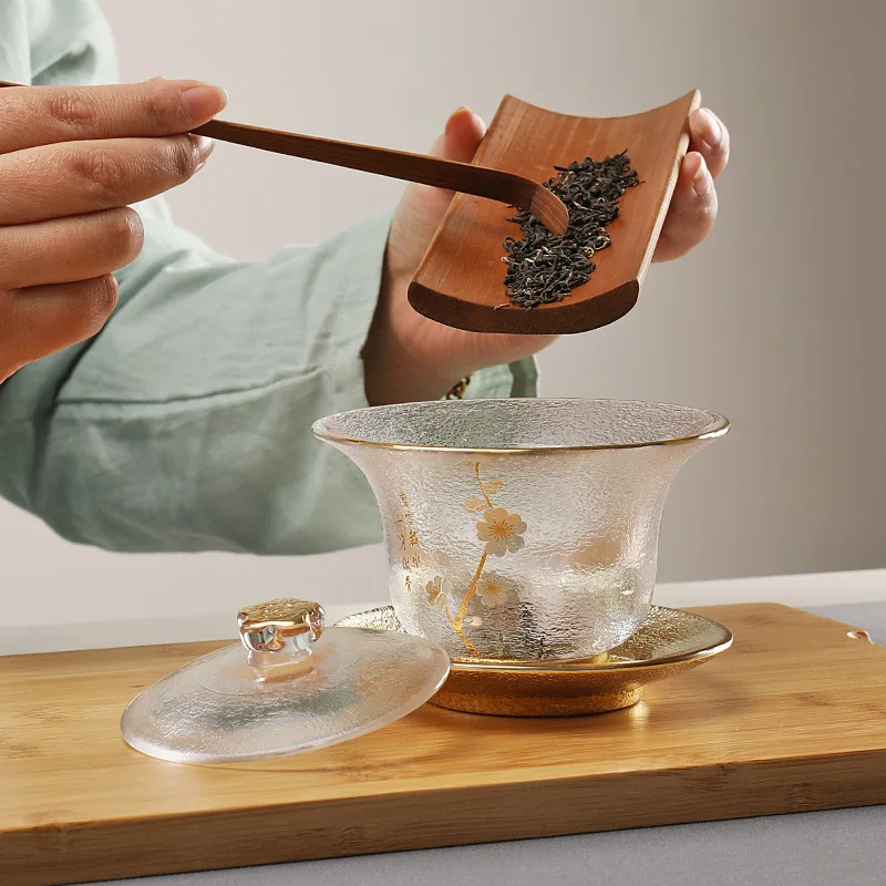 Chinese Heat-resistant Hammered Glass Gilt Edged Cover Bowl Tea Cup Frosted Sancai Kungfu Justice Gaiwan Teaware Infuser Teapot