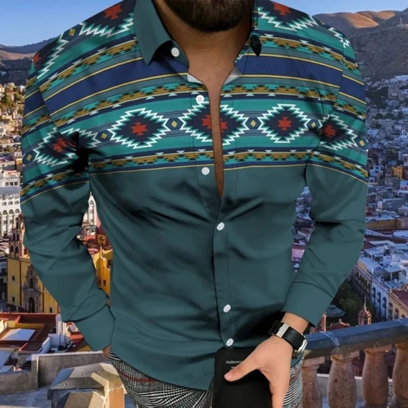 Fashion Long Sleeve Men Shirts Slim Fit Social Casual Aztec Ethnic Rockabilly 3D Print Dress Camisas Flower Retro Plaid Blouse