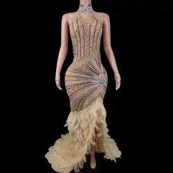 Luxurious Rhinestone Crystals Mesh Sexy Long Feather Dresses Women Birthday Celebrate Evening  Gown Prom Dress Singer Stage Wear