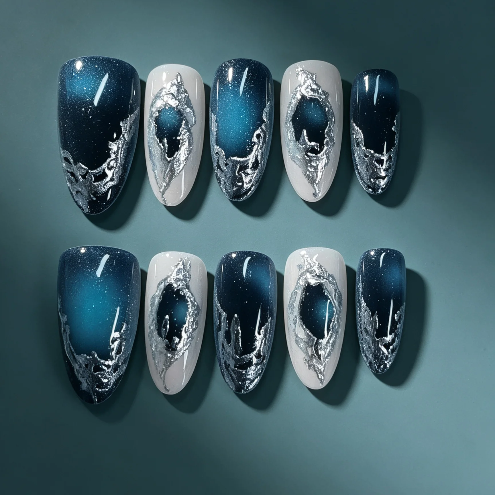 10 Hand Pressed Almond Shaped Nails, Beautiful Fake Nails, Mysterious Sea Blue and Starry Sky, Suitable for Women to Use