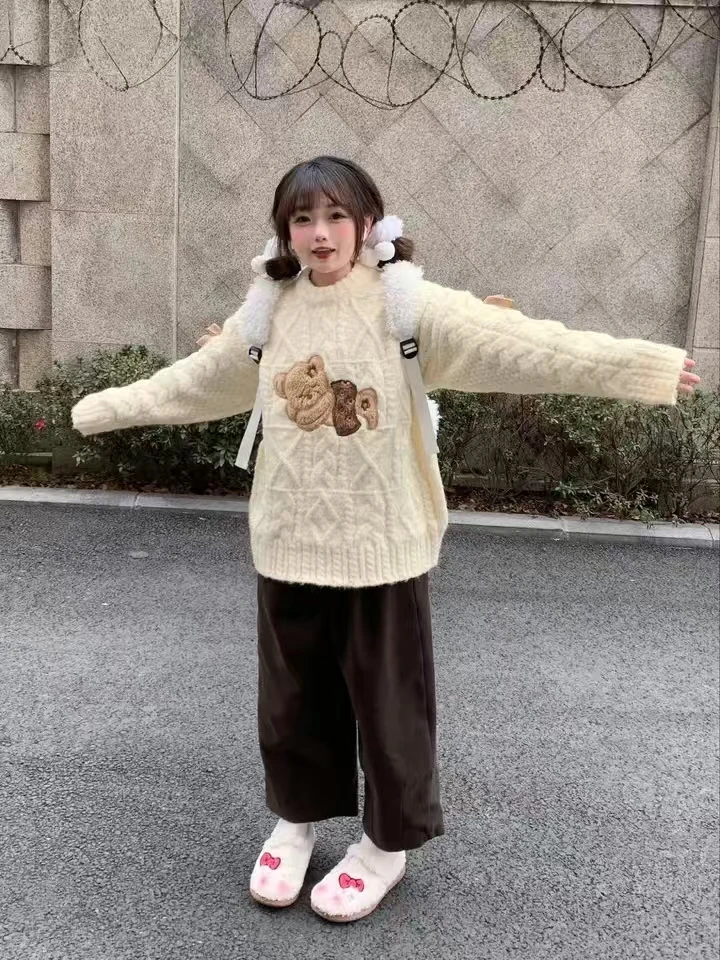 Pull Jacquard ours mignon pour femme, pulls décontractés à col rond, vêtements Kawaii, style japonais, automne, hiver