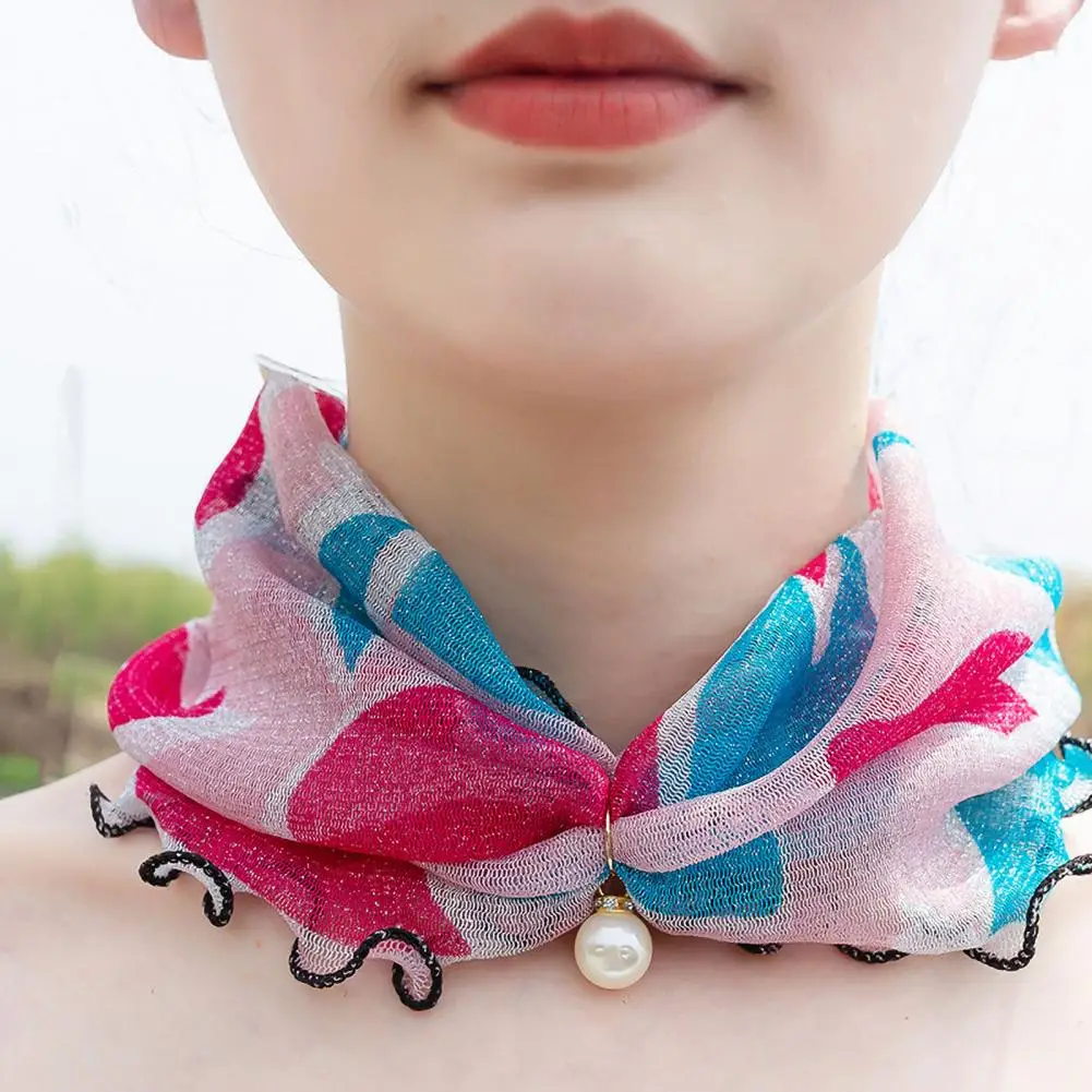 Lady Headscarf Scarf With Pearl Decor Scarf Flower Edge Wood Ears Women Scarves Lace Neck Wrap Square Organza Chiffon Scarf